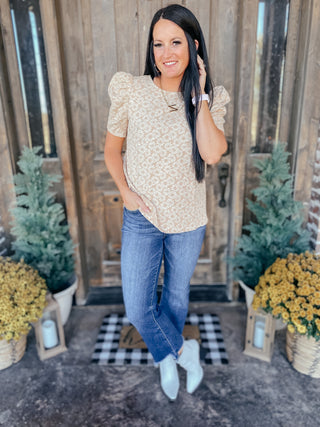 Kelsi Jacquard Puff Sleeve Top In Tan-Short Sleeves-Ave-Motis & Co Boutique, Women's Fashion Boutique in Carthage, Missouri