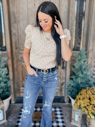 Kelsi Jacquard Puff Sleeve Top In Tan-Short Sleeves-Ave-Motis & Co Boutique, Women's Fashion Boutique in Carthage, Missouri