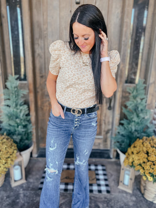 Kelsi Jacquard Puff Sleeve Top In Tan-Short Sleeves-Ave-Motis & Co Boutique, Women's Fashion Boutique in Carthage, Missouri