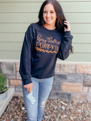 Hey There Pumpkin Black Sweatshirt-Sweaters-Bucking Barn Boutique-Motis & Co Boutique, Women's Fashion Boutique in Carthage, Missouri