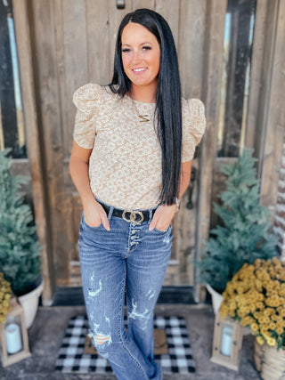 Kelsi Jacquard Puff Sleeve Top In Tan-Short Sleeves-Ave-Motis & Co Boutique, Women's Fashion Boutique in Carthage, Missouri