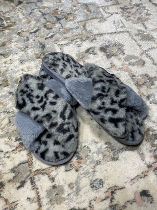 Grey Crisscross Faux Fur Slippers-Slippers-Dear Lover-Motis & Co Boutique, Women's Fashion Boutique in Carthage, Missouri