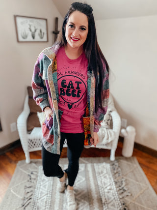 Splattered Eat Beef Pink Tee-Graphic Tees-Bucking Barn Boutique-Motis & Co Boutique, Women's Fashion Boutique in Carthage, Missouri