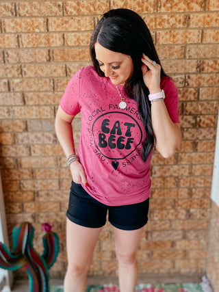 Splattered Eat Beef Pink Tee-Graphic Tees-Bucking Barn Boutique-Motis & Co Boutique, Women's Fashion Boutique in Carthage, Missouri