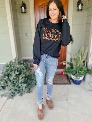 Hey There Pumpkin Black Sweatshirt-Sweaters-Bucking Barn Boutique-Motis & Co Boutique, Women's Fashion Boutique in Carthage, Missouri