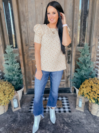 Kelsi Jacquard Puff Sleeve Top In Tan-Short Sleeves-Ave-Motis & Co Boutique, Women's Fashion Boutique in Carthage, Missouri