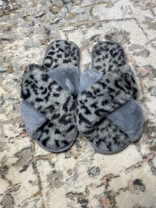 Grey Crisscross Faux Fur Slippers-Slippers-Dear Lover-Motis & Co Boutique, Women's Fashion Boutique in Carthage, Missouri