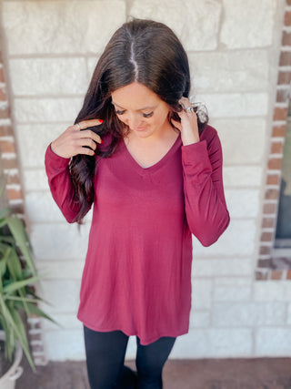 Sia Burgundy Tunic Top-Long Sleeves-HEIMISH-Motis & Co Boutique, Women's Fashion Boutique in Carthage, Missouri