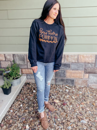 Hey There Pumpkin Black Sweatshirt-Sweaters-Bucking Barn Boutique-Motis & Co Boutique, Women's Fashion Boutique in Carthage, Missouri