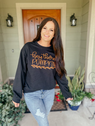 Hey There Pumpkin Black Sweatshirt-Sweaters-Bucking Barn Boutique-Motis & Co Boutique, Women's Fashion Boutique in Carthage, Missouri